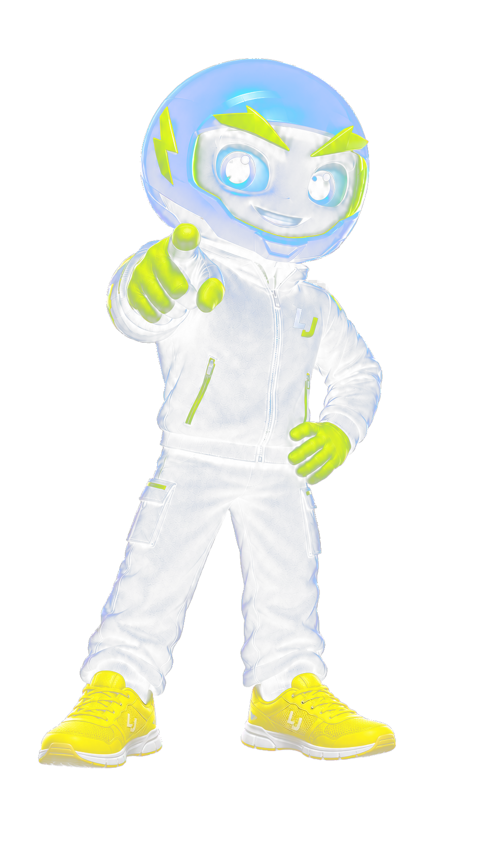 Mascote da Leva Já Pro com tênis amarelos apontando para o futuro entregador